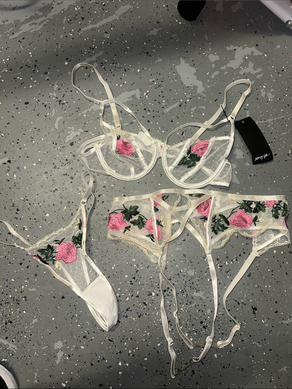 Nasty Gal 3pc Ivory Sheer Lingerie Set with Pink Rose Embroidery New w Tags